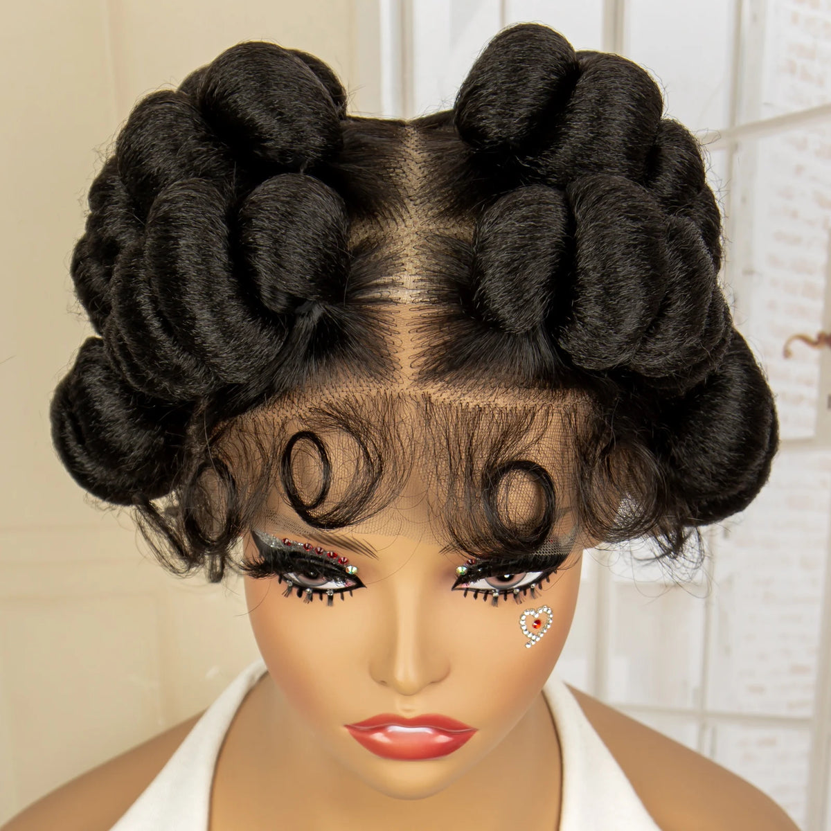 Full Lace Synthetic African Bantu Braided Wigs for Black Women Afro Hair Wig Lace Frontal Knotless Box Braiding Wig with Buns