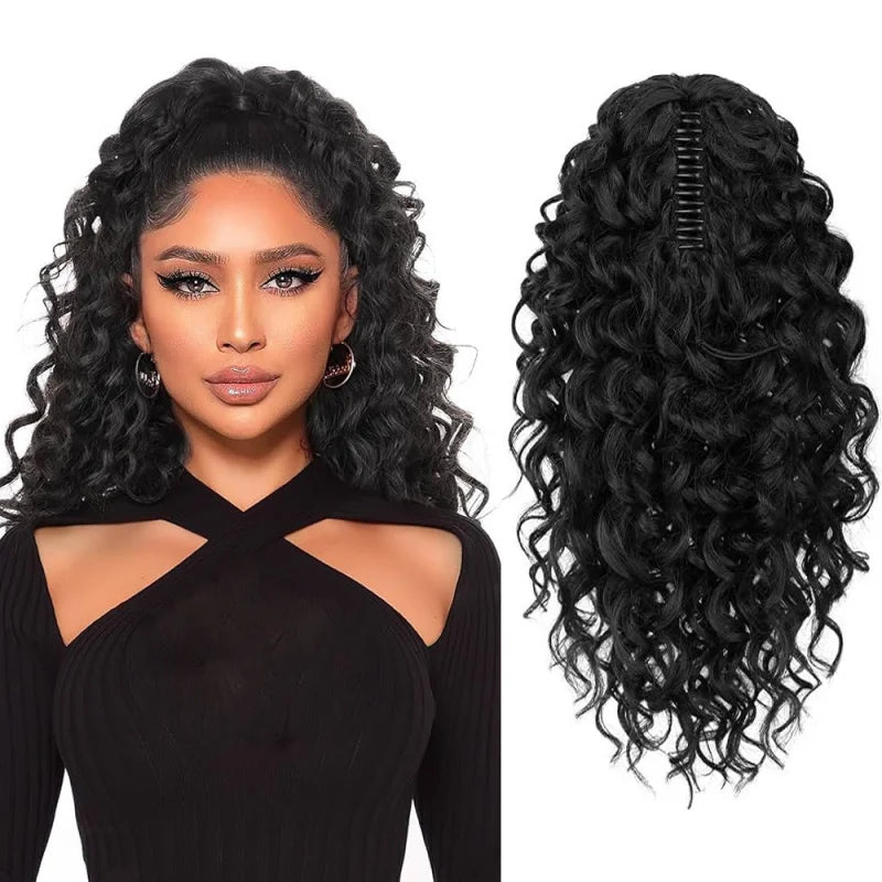 European and American curly 18inch African wavy claw clip ponytail long black-brown
