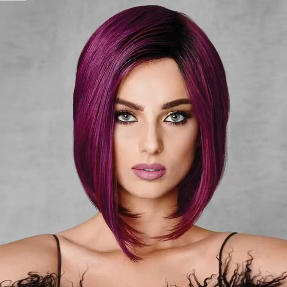 No-lace , African black short bob, middle-parted fluffy synthetic hair wig with straight bangs