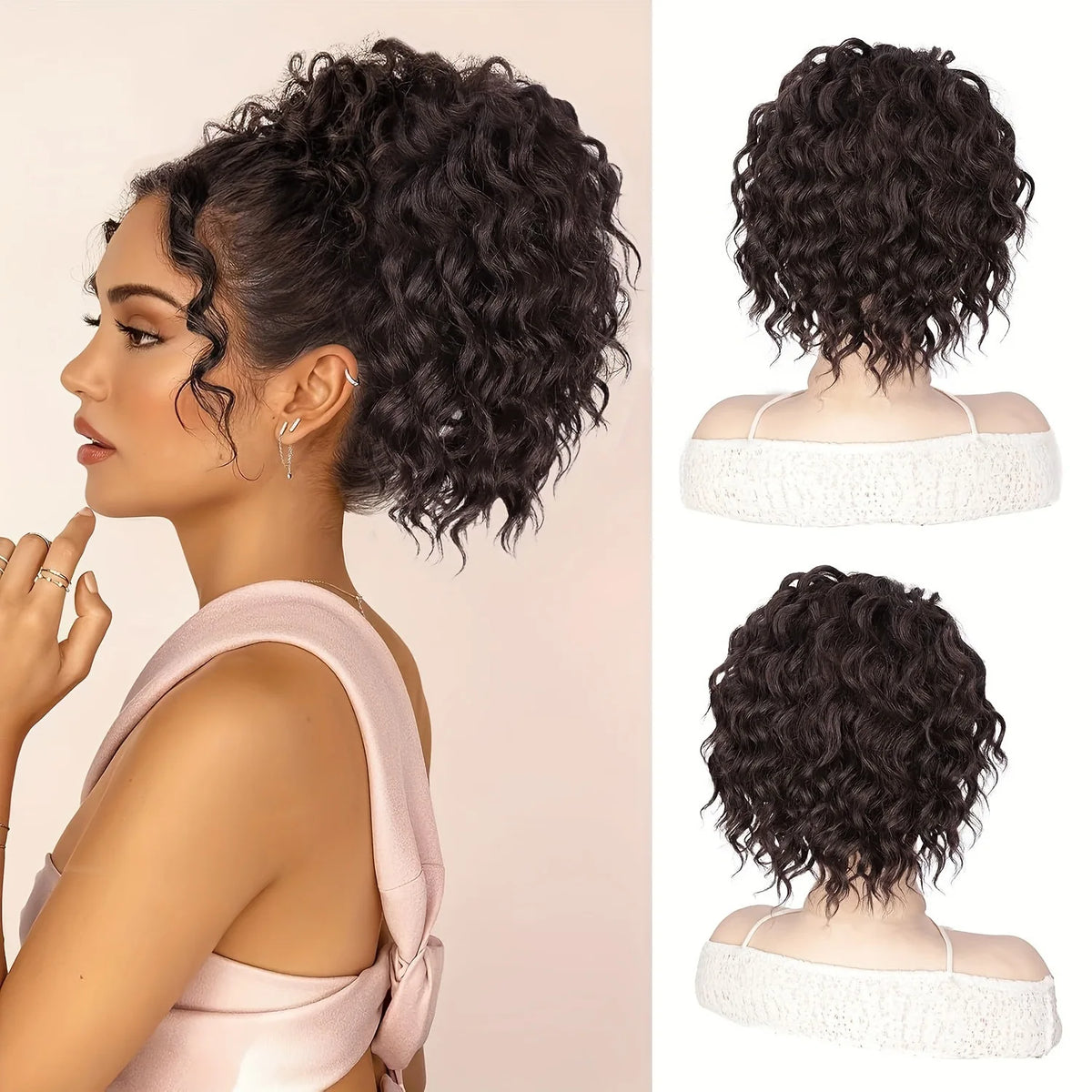 25cm / 9.8inch Short Fluffy Curly Ponytail Wig, Drawstring African Fluffy Hair Bun, Synthetic Natural Wave Hairpiece, for Women Only. Suitable for Daily Use, Dates, Photography, Parties, and Other Occasions.