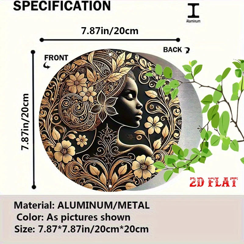 2D Flat Serenity Round Sign, Floral Crown Round Wall Decor African Beauty Rustic Metal Wall Art, Elegant Woman Metal Wall Art