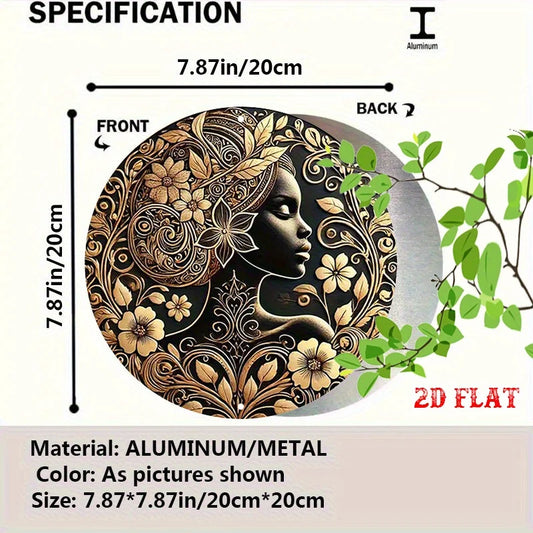 2D Flat Serenity Round Sign, Floral Crown Round Wall Decor African Beauty Rustic Metal Wall Art, Elegant Woman Metal Wall Art