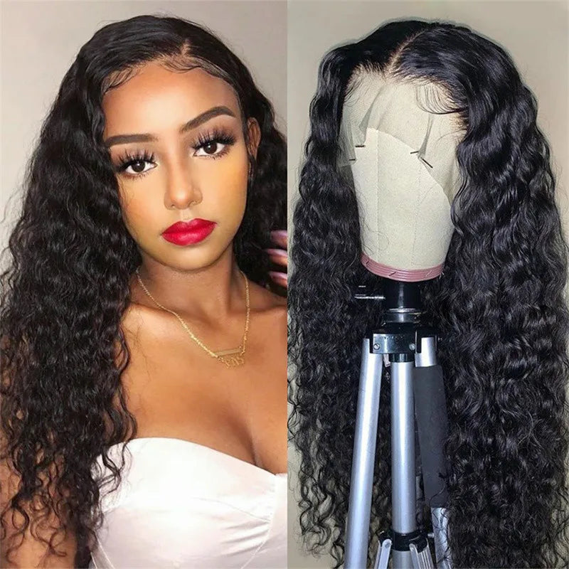 Wig with African-style small curls, 13*4 lace front, middle parting, long curly synthetic hair, high-temperature fiber headpiece
