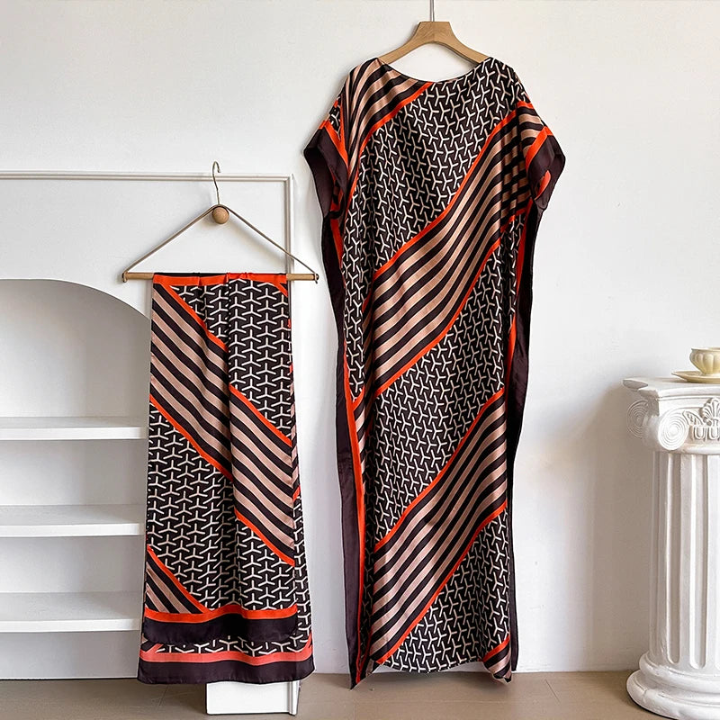 NEW Fashion Summer Dress With Big Scarf Dubai Turkey Kaftan Muslim Loose Abaya Women African Casual Maxi Flower Shawl Robe