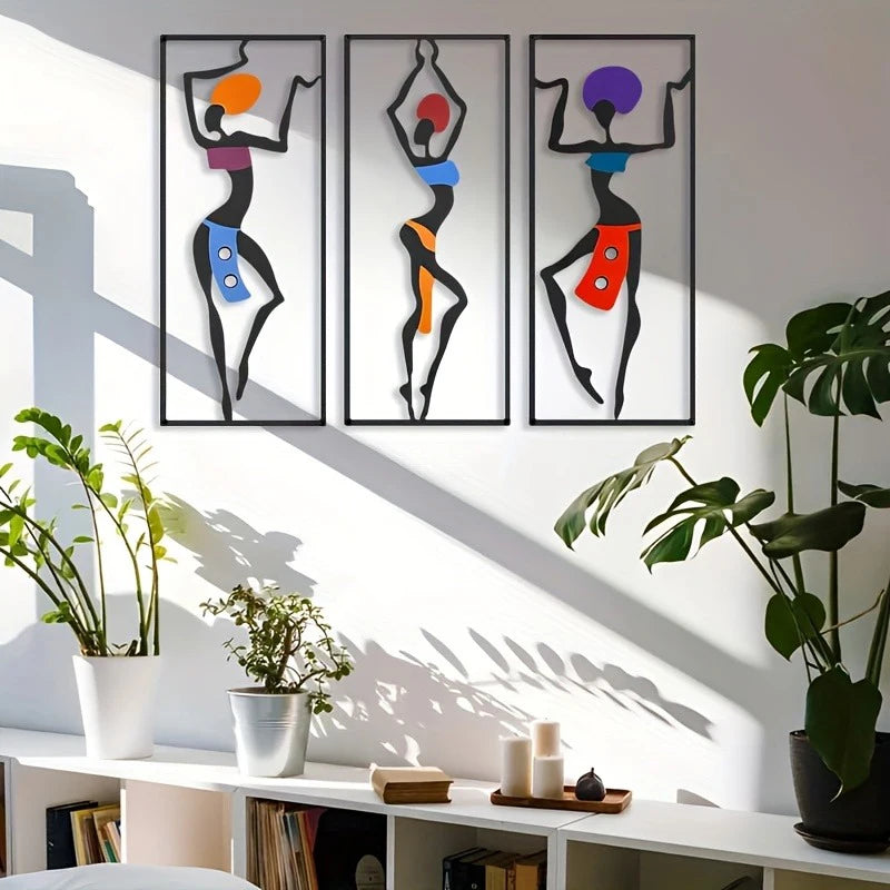 3pcs Metal Modern African Woman Wall Art Sculpture - Abstract Ethnic Dance Statues, Iron Wall-Mountable Indoor/Outdoor Decor