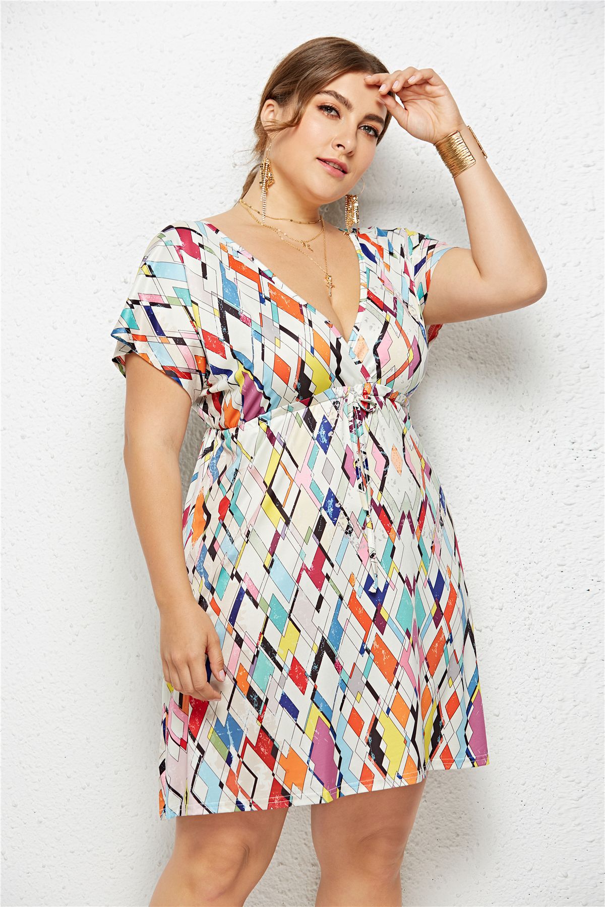 Printed Deep V-Neck Dress with Elastic Waist