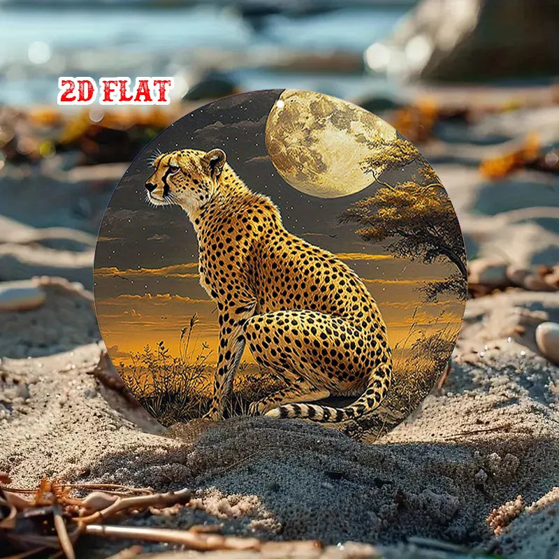 2D Flat  Adventure Spirit Round Sign, Moonlit Night Wall Decor Cheetah Rustic Metal Wall Art,African Beauty Metal Wall Art Decor