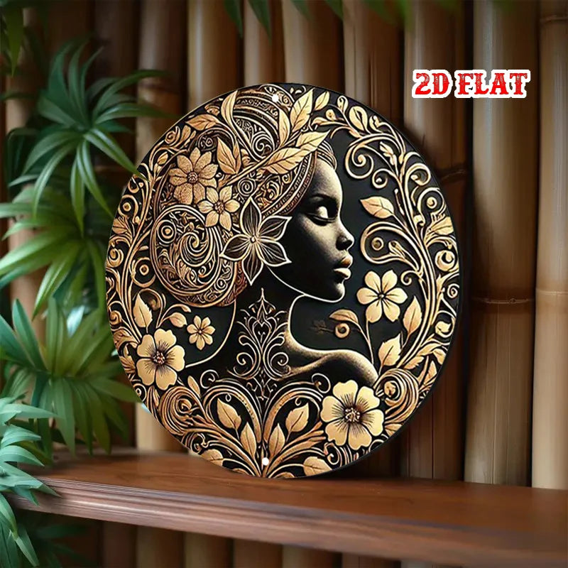 2D Flat Serenity Round Sign, Floral Crown Round Wall Decor African Beauty Rustic Metal Wall Art, Elegant Woman Metal Wall Art