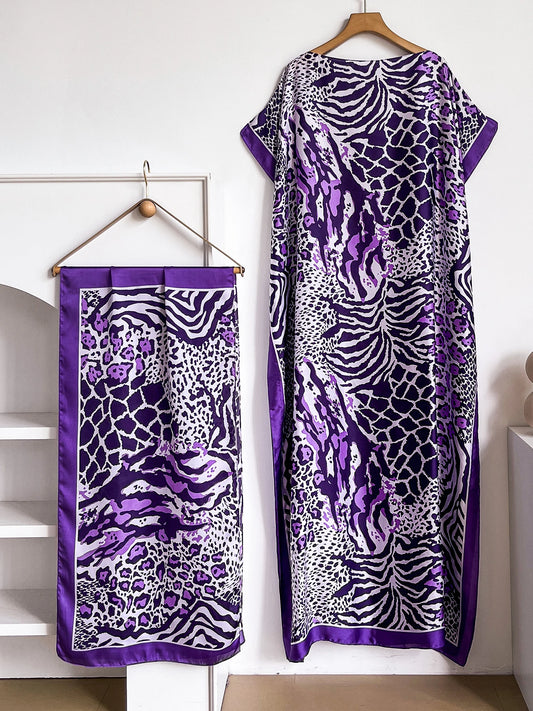 Dubai Mixed Animal Print Abaya With Matching Scarf, Boat Neck Batwing Sleeve Loose Maxi Kaftan Dress For African Muslim Women