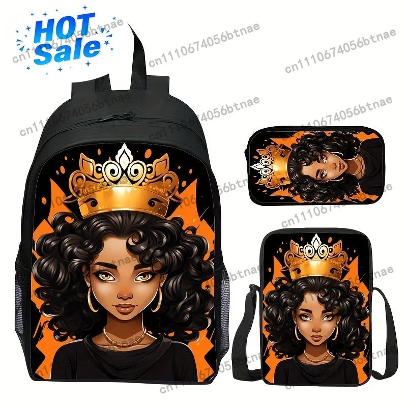 Lovely African Queen Cartoon Backpack Set for Women and Youth - Black Polyester with Golden Crown Design, Adjustable Straps, Zip