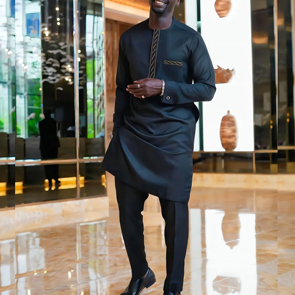 Big Size 3XL 4XL Stylish Streetwear African Men's Traditional Elegant Suits Fashion Casual Navy Blue 2Pcs Shirt & Pants Outfit