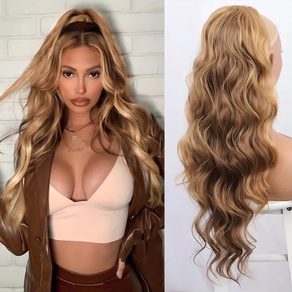 Women's long curly , drawstring hair extensions, , African big wave synthetic fiber wig, ponytail