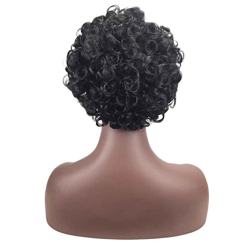 Women's short curly wig, black side-parted small curls, African style