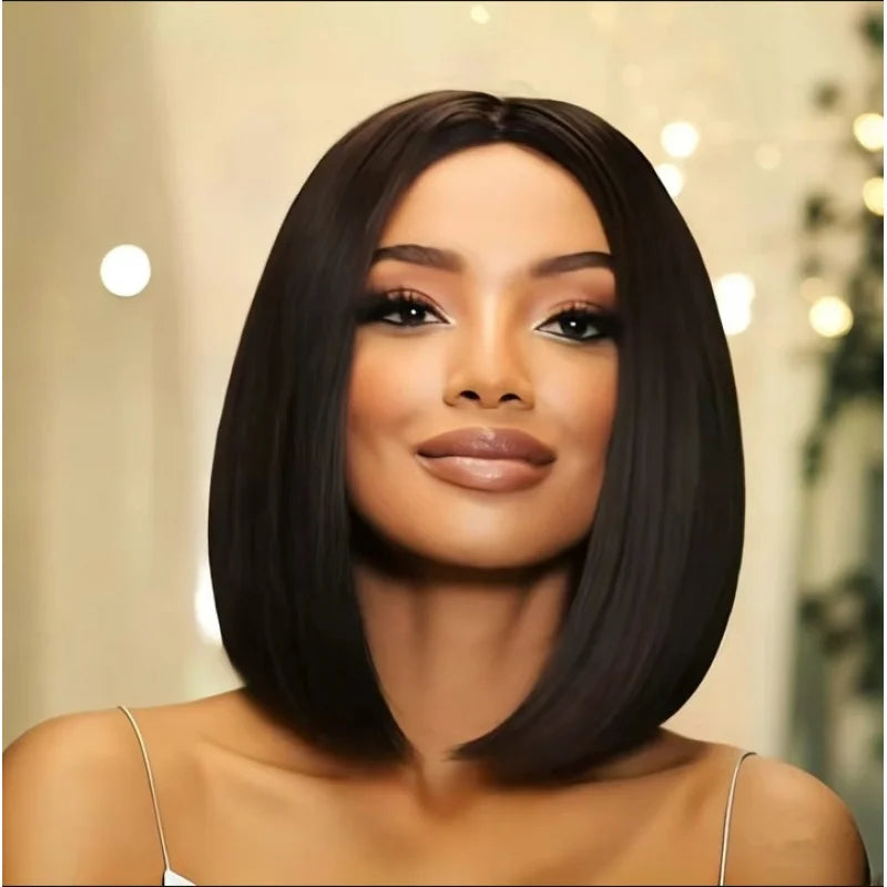 No-lace , African black short bob, middle-parted fluffy synthetic hair wig with straight bangs