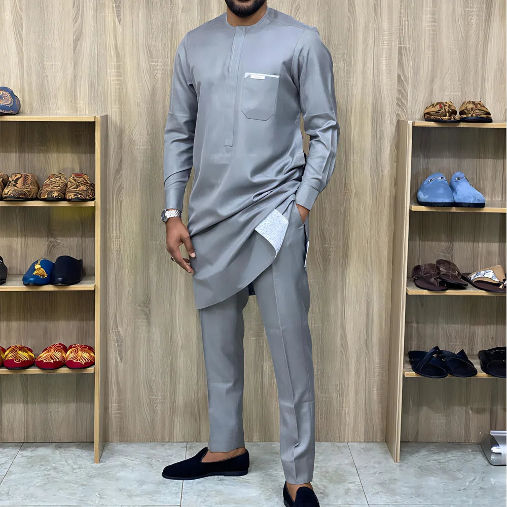 Big Size 3XL 4XL Stylish Streetwear African Men's Traditional Elegant Suits Fashion Casual Navy Blue 2Pcs Shirt & Pants Outfit
