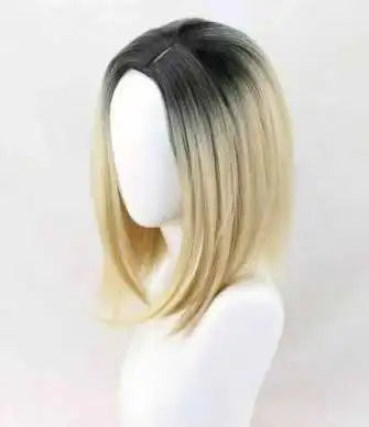 No-lace , African black short bob, middle-parted fluffy synthetic hair wig with straight bangs
