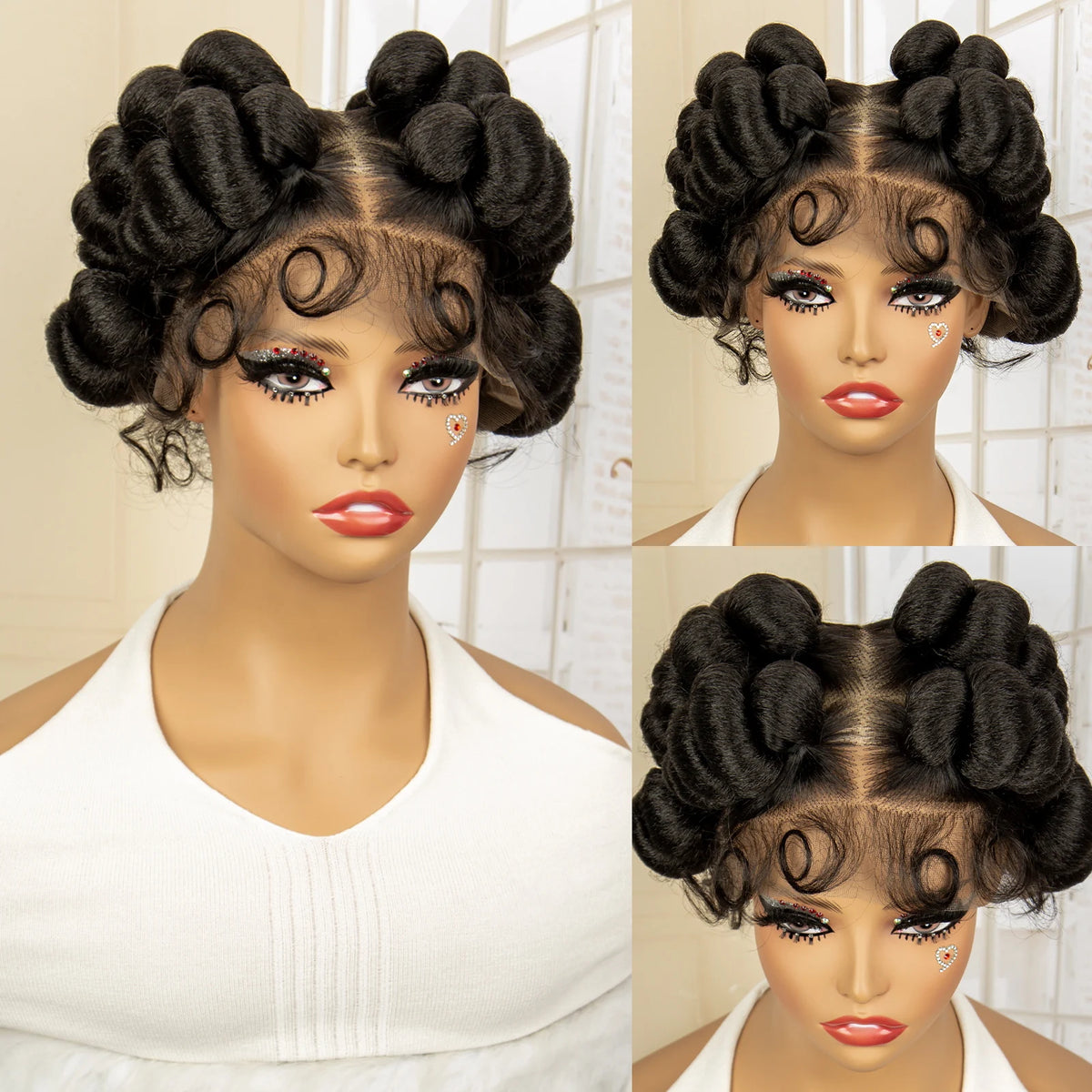 Full Lace Synthetic African Bantu Braided Wigs for Black Women Afro Hair Wig Lace Frontal Knotless Box Braiding Wig with Buns