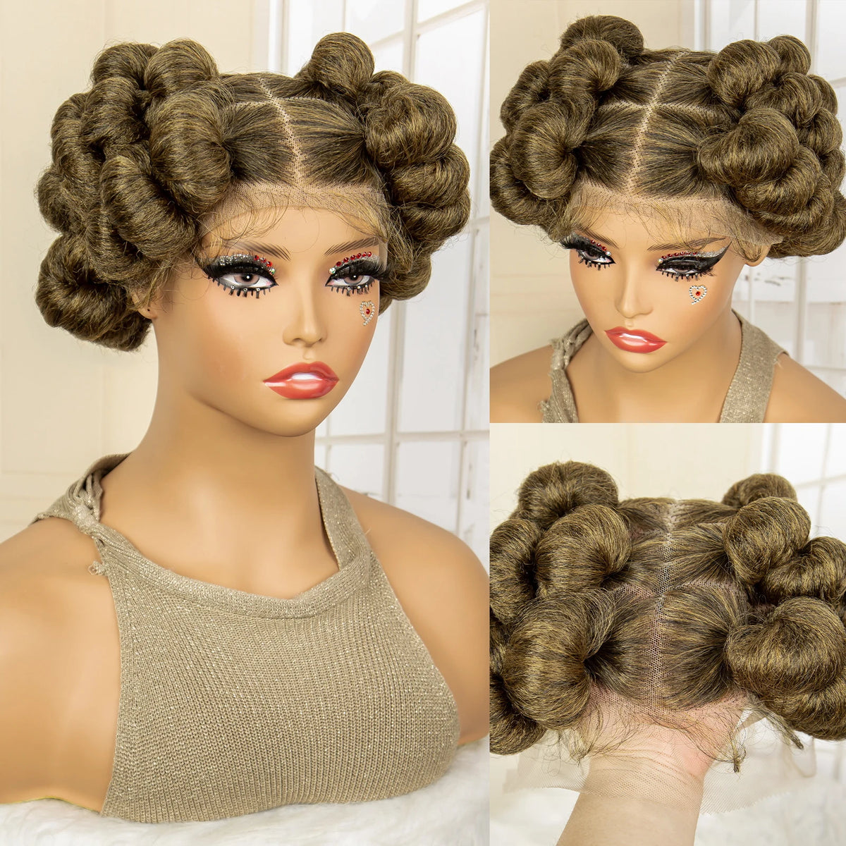 Full Lace Synthetic African Bantu Braided Wigs for Black Women Afro Hair Wig Lace Frontal Knotless Box Braiding Wig with Buns