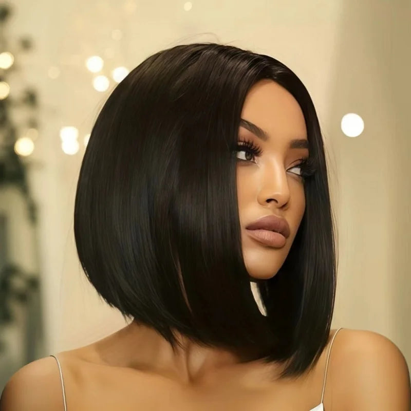 No-lace , African black short bob, middle-parted fluffy synthetic hair wig with straight bangs