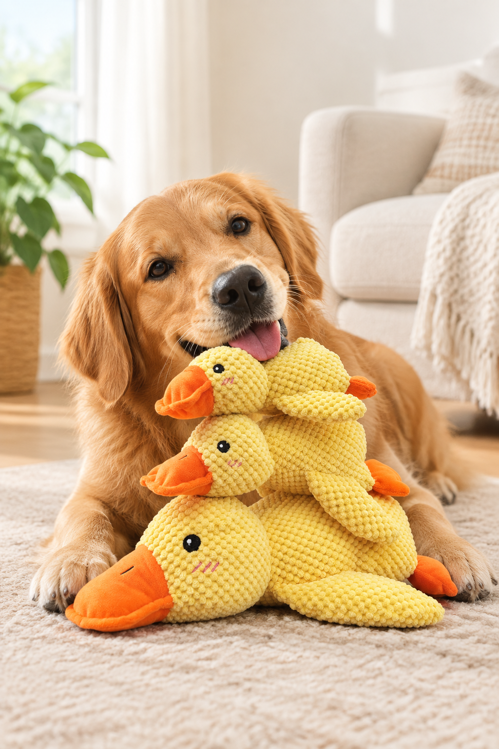 A dog playing gently with a plush duck toy in a bright living room.