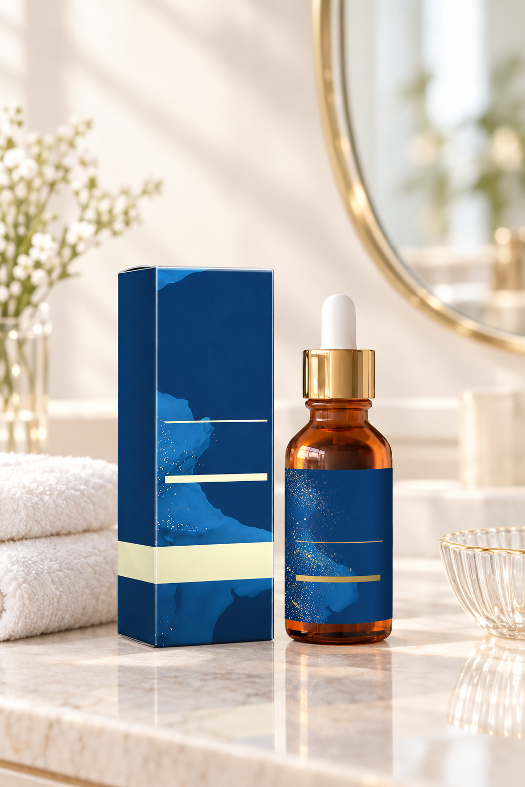 An essence bottle arranged on a clean vanity with a folded towel in soft morning light.