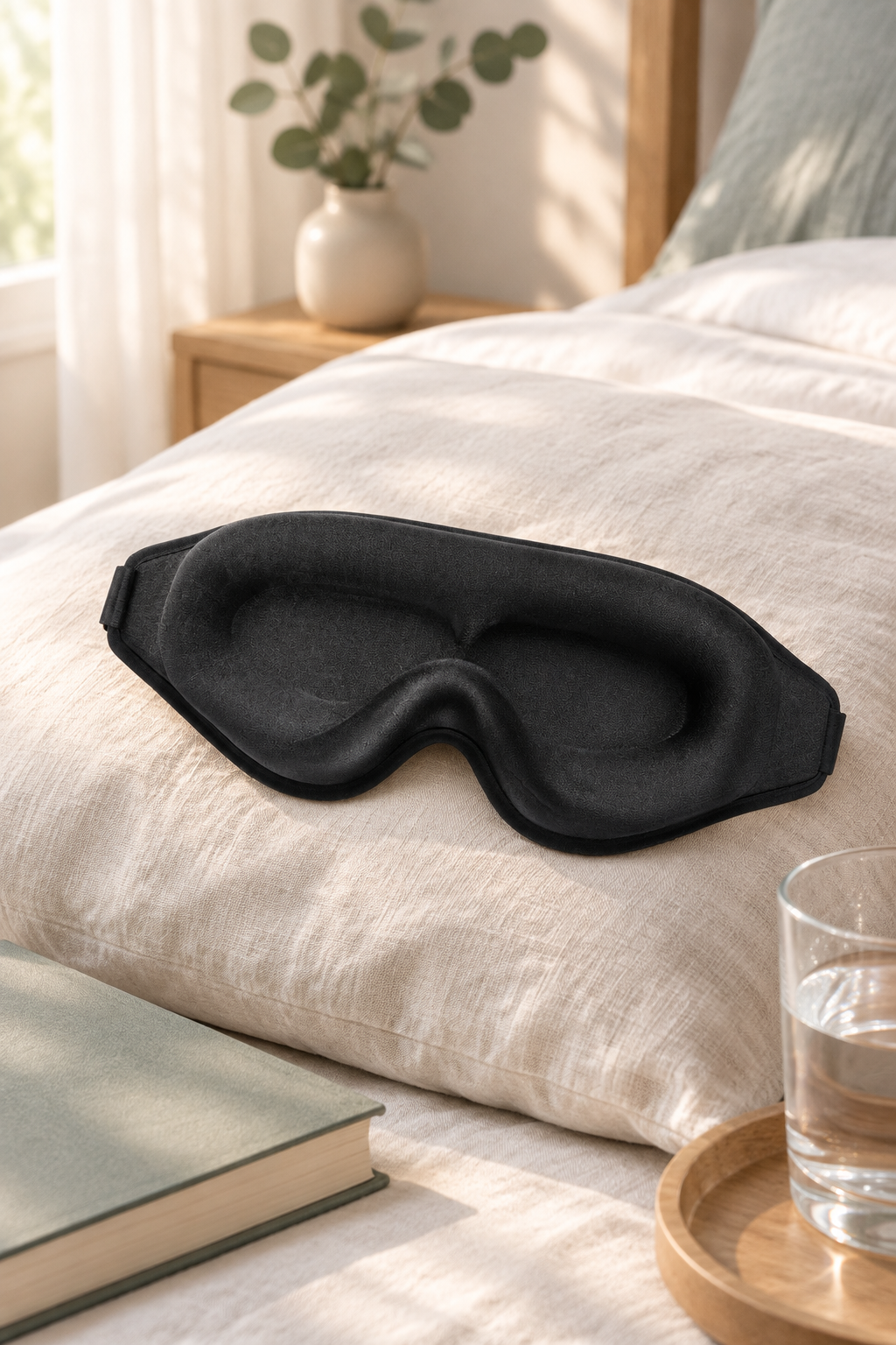 A contoured memory foam sleep mask resting on a linen pillow in a calm bedroom.
