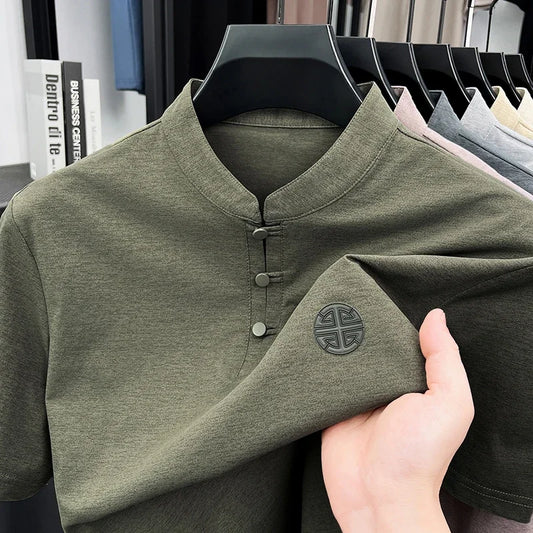 Men's Mandarin Collar Short Sleeve T-Shirt Casual Chinese Style Button Henley Shirt