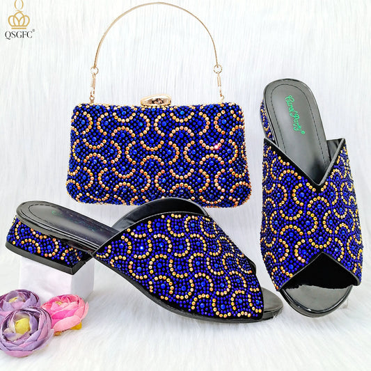 QSGFC Casual Shoes For Low-Heeled Shoes With Rhinestone Decoration Wine Color African Mother Shoes & Bag