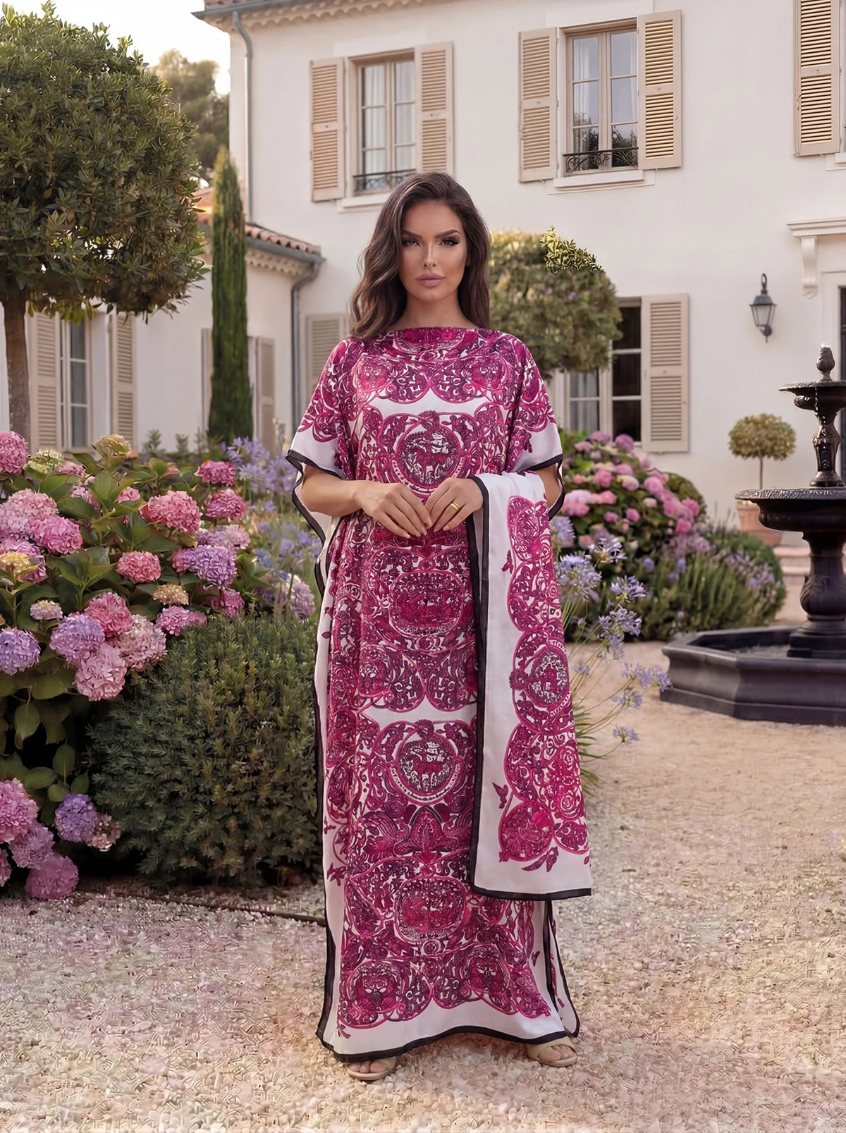 Vintage Baroque Animal Print Abaya With Scarf, Loose Maxi Kaftan For African Muslim Women Summer Beach Holiday Wear