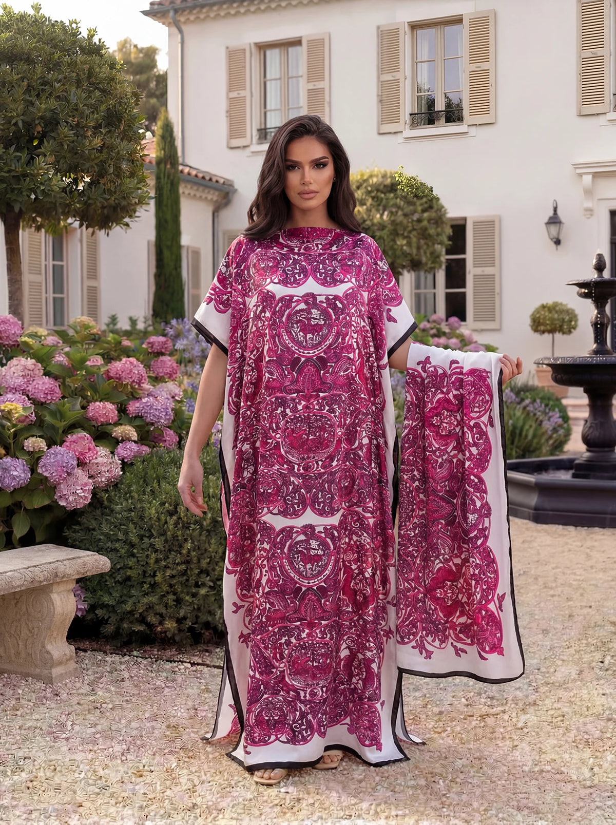 Vintage Baroque Animal Print Abaya With Scarf, Loose Maxi Kaftan For African Muslim Women Summer Beach Holiday Wear